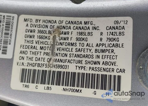 2012 Honda Civic Lx z USA, uszkodzony, nr VIN 2HGFB2F55CH599031